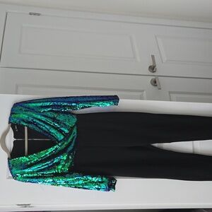 Blue/green sequin top/ black bottom pants (jumpsuit)